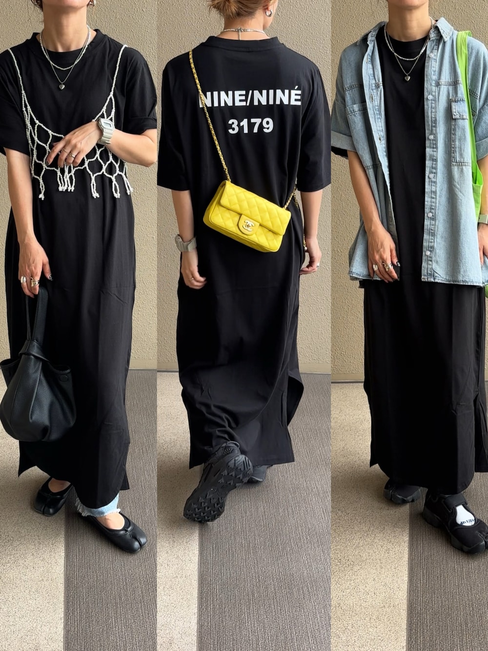 「レイヤードスタイル、夏コーデ、おでかけコーデ、大人女子、大人可愛い、パールビスチェ、デニムシャツ、着回しコーデ、Tシャツワンピ、ワンピース、ブラックコーデ、低身長、ママコーデ」｜「Bonjour SaganのバックナンバープリントTシャツワンピース（ワンピース、ブラック系）」を使った、𝚜𝚊𝚢𝚊さん（レディース・152cm）の夏コーディネートの1枚目の写真