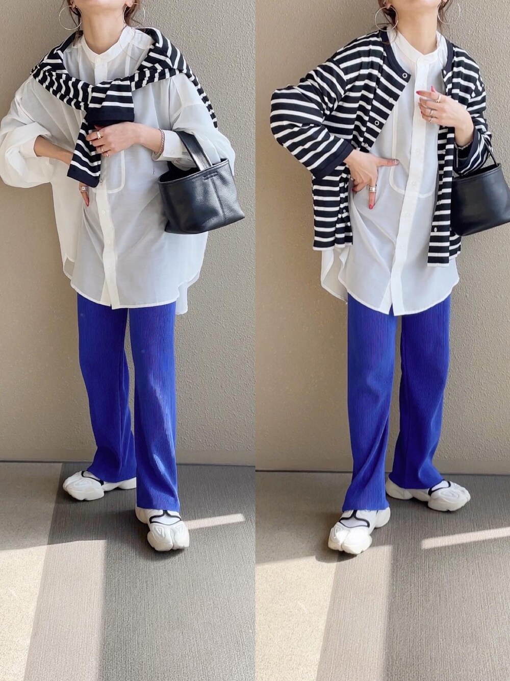 ブラック系のカーディガン/ボレロ、ブルー系のその他パンツ、その他のその他を着用したレディースの春コーディネートの1枚目の写真