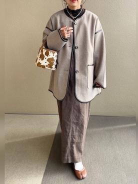「ABITOKYO（アビトーキョー）のアイテム（ノーカラーコート）」を使った、𝚜𝚊𝚢𝚊さん（レディース・152cm）の秋コーディネート