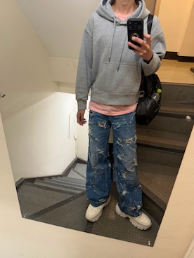「GU（ジーユー）のアイテム（パーカー、グレー系）」を使った、JUNさん（メンズ・167cm）の春コーディネート