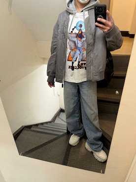 「GU（ジーユー）のアイテム（パーカー、グレー系）」を使った、JUNさん（メンズ・167cm）の春コーディネート