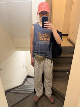 「SHEEN（シーン）のアイテム（キャップ、オレンジ系）」を使った、JUNさん（メンズ・167cm）の夏コーディネート