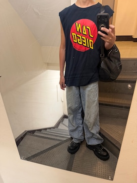 「UNIQLO（ユニクロ）のアイテム（デニムパンツ、ブルー系）」を使った、JUNさん（メンズ・167cm）の夏コーディネート