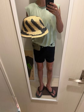 「H&M（エイチ・アンド・エム）のアイテム（帽子）」を使った、JUNさん（メンズ・167cm）の夏コーディネート