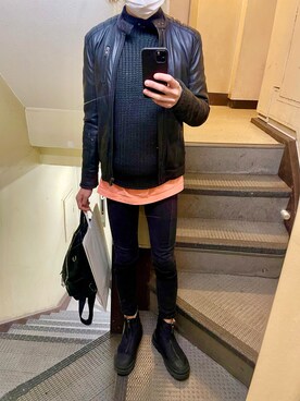 「H&M（エイチ・アンド・エム）のアイテム（ライダースジャケット）」を使った、JUNさん（メンズ・167cm）の冬コーディネート