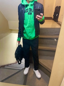 「H&M（エイチ・アンド・エム）のアイテム（ライダースジャケット）」を使った、JUNさん（メンズ・167cm）の冬コーディネート