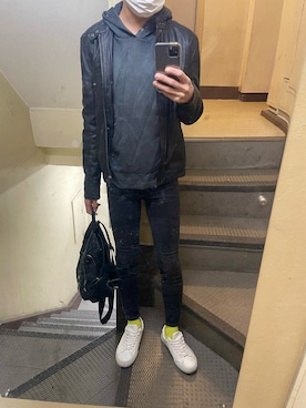 「H&M（エイチ・アンド・エム）のアイテム（ライダースジャケット）」を使った、JUNさん（メンズ・167cm）の秋コーディネート
