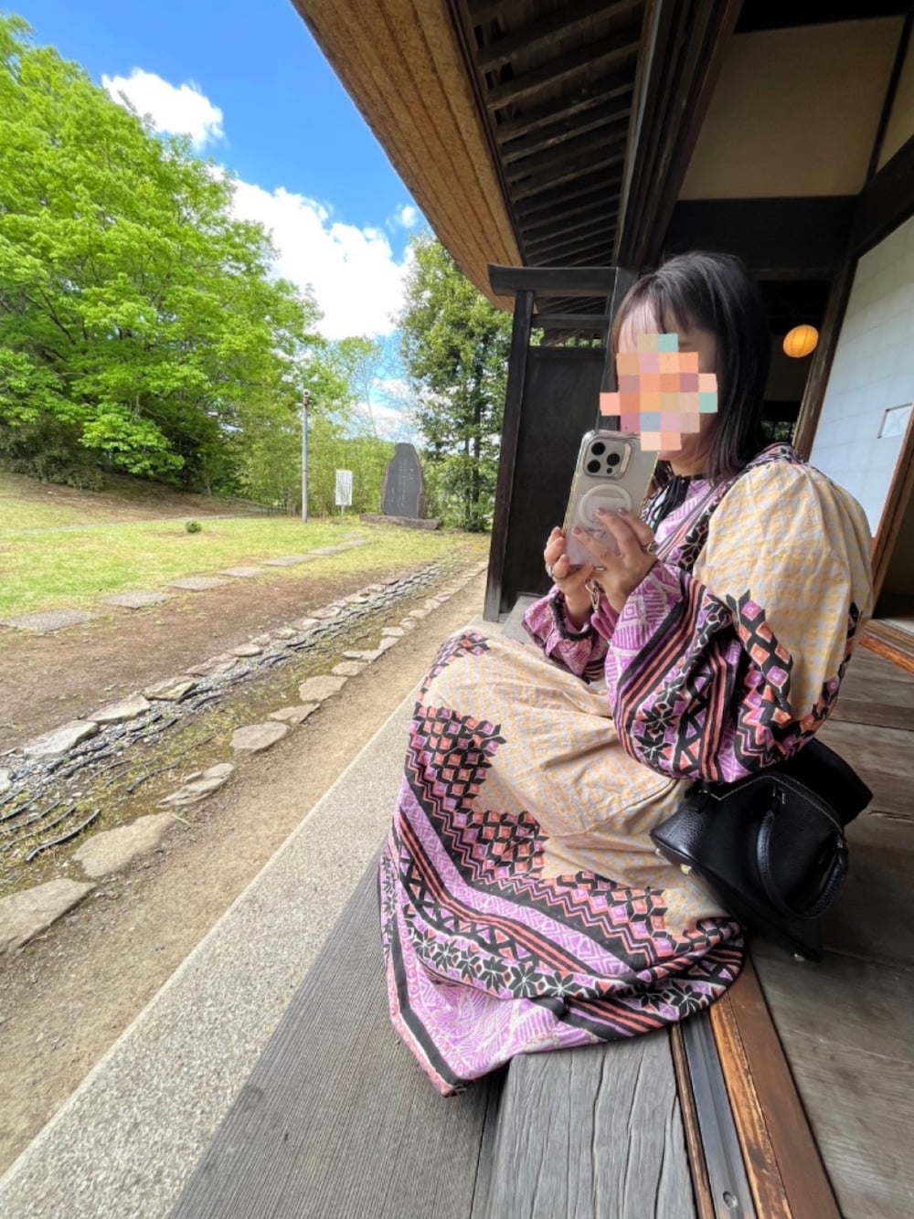 「休日スタイル、春ファッション、30代コーデ、freada、陶器市、益子陶器市、オトナ女子」｜「Freadaのインド菱形グラデーションプリントワンピース（ワンピース、パープル系）」を使った、ぴよこさん（レディース・154cm）の春コーディネートの1枚目の写真