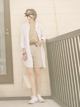 「H&M（エイチ・アンド・エム）のアイテム（シャツ/ブラウス、ホワイト系）」を使った、miminyさん（レディース・172cm）の夏コーディネート