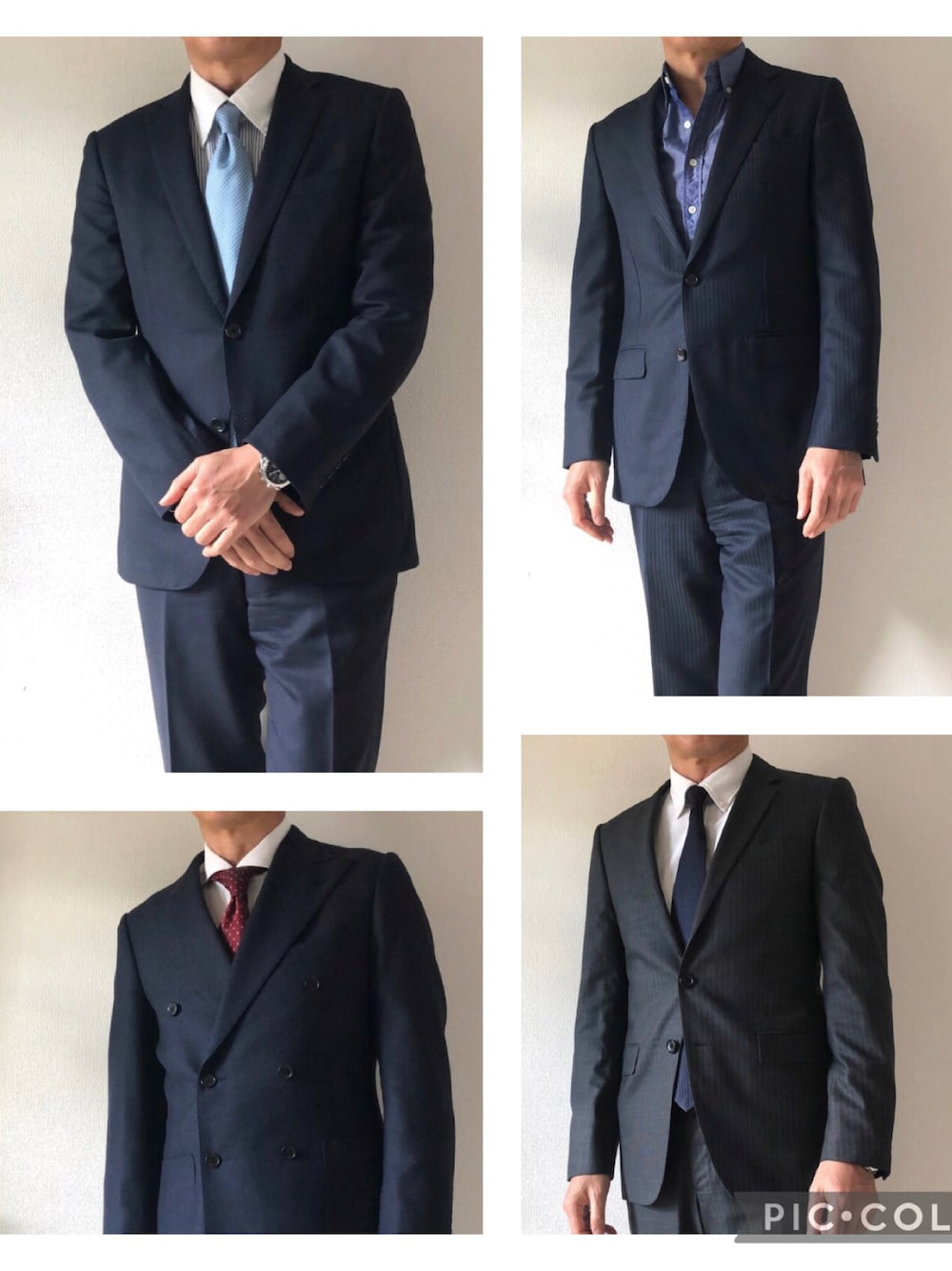 ブルー系のスーツパンツ、ブラック系のスーツセット、グレー系のスーツセットを着用したメンズの春コーディネートの1枚目の写真