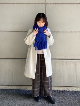 「白コート」｜「アイテム（ノーカラーコート）」を使った、hiraさん（レディース・157cm）の冬コーディネート