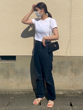 「UNIQLO（ユニクロ）のスーピマコットンリブクルーネックT（半袖）（Tシャツ/カットソー）」を使った、miiさん（レディース・158cm）の夏コーディネート