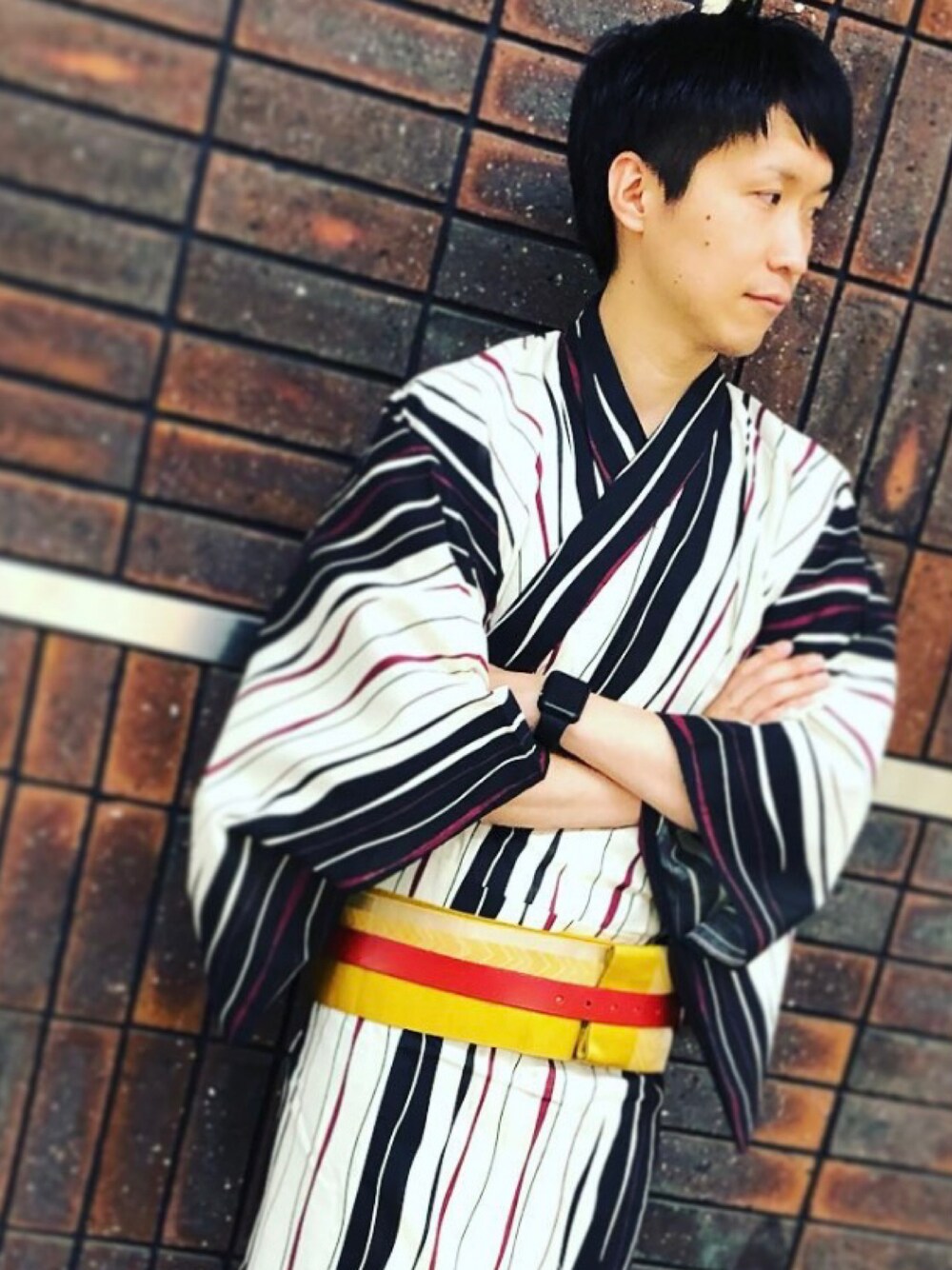 「夏コーデ、ストライプ、休日スタイル、夏、ラフ、浴衣、花火大会、浴衣男子、着物、お祭り、おしゃれさんと繋がりたい、帯結ばない帯結び」｜「kimonohanaのアイテム（浴衣、ブラック系）」を使った、take8612さん（メンズ・173cm）の春コーディネートの1枚目の写真