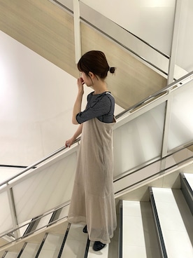 「Kastane（カスタネ）のテレコボーダー5分袖Tee（Tシャツ/カットソー）」を使った、okazaki risaさん（レディース・157cm）の春コーディネート