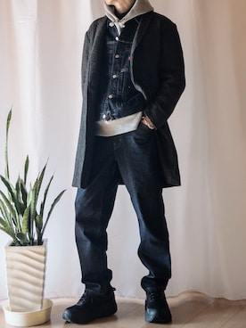 「RAGEBLUE（レイジブルー）のアイテム（チェスターコート）」を使った、0168さん（メンズ・182cm）の冬コーディネート