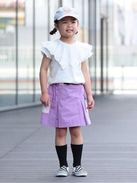 「BEAMS mini（ビームスミニ）のコットン レース Tシャツ 2026SS (90～140cm)（Tシャツ/カットソー、ホワイト系）」を使った、BEAMS miniさん（キッズ・110cm）の春コーディネート