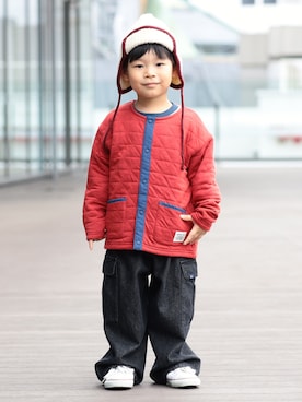 「BEAMS mini（ビームスミニ）のカットキルト ジャケット 2026FW（90～150cm）子供服 通園 通学 防寒（ノーカラージャケット、レッド系）」を使った、BEAMS miniさん（キッズ・120cm）の秋コーディネート