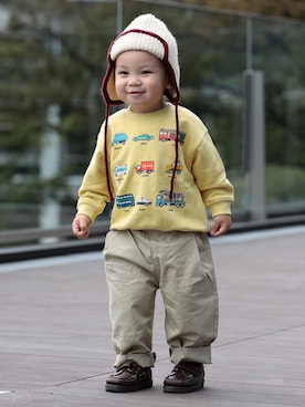 「BEAMS mini（ビームスミニ）のイヤー フラップ ニット帽 2026FW 秋 遠足 帽子（ハット、ホワイト系）」を使った、BEAMS miniさん（キッズ・120cm）の秋コーディネート