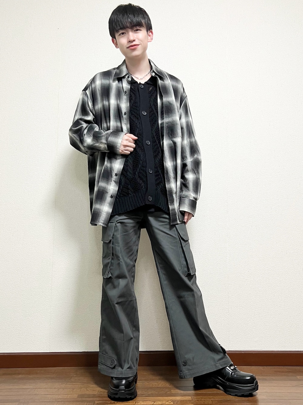 CLEL】Openwork Loose Mesh Crew Neck Cardigan/透かし編みルース 