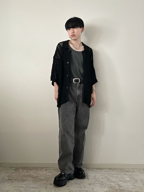 CLEL】Openwork Loose Mesh Crew Neck Cardigan/透かし編みルース 