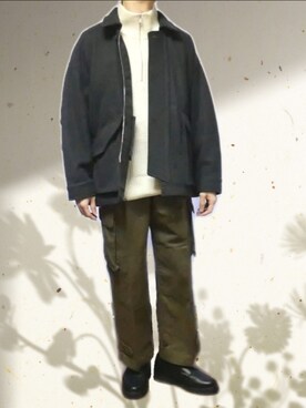 「WYM LIDNM（ウィム バイ リドム）のTUCK STRAIGHT HERITAGE CARGO（カーゴパンツ、グリーン系）」を使った、icedcoffeeさん（メンズ・166cm）の冬コーディネート