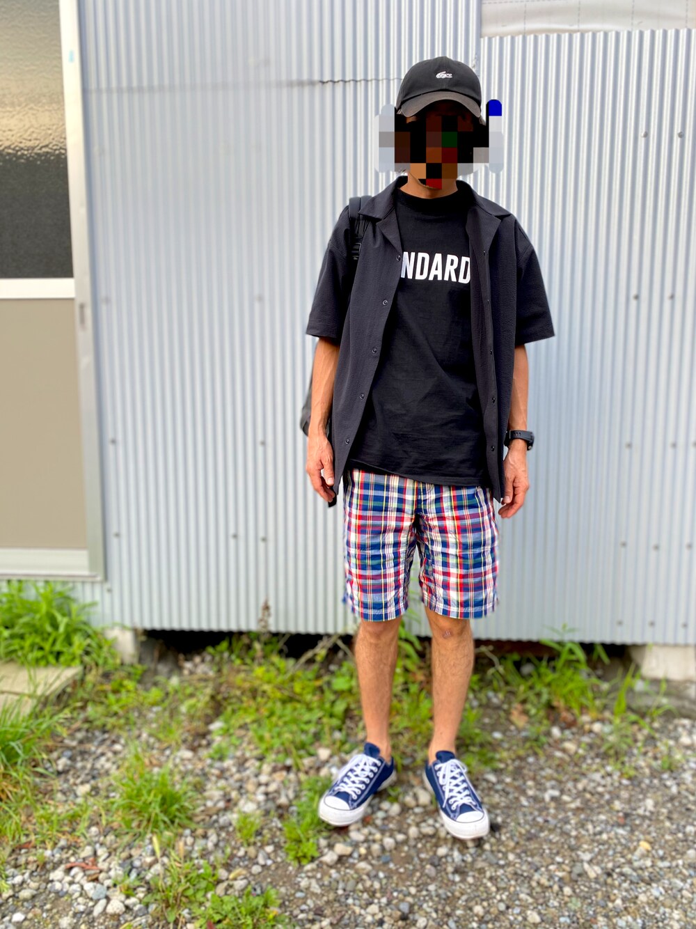 「ワークマン、夏コーデ、チェックパンツ、ロゴT、ラコステ、40代」｜「Columbiaのアイテム（その他パンツ、その他）」を使った、osamu76さん（メンズ・174cm）の夏コーディネートの1枚目の写真