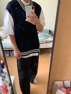「GU（ジーユー）のアイテム（ベスト、ブルー系）」を使った、masakiさん（メンズ・171cm）の春コーディネート