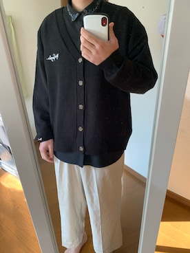 「Mark Gonzales（マーク・ゴンザレス）のMark Gonzales/マークゴンザレス MONO-MART別注 ロゴ刺繍 オーバーサイズ ボリュームニットカーディガン（カーディガン/ボレロ、ブラック系）」を使った、masakiさん（メンズ・171cm）の秋コーディネート