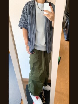 「MGV（エムジーヴィー）のマルチストライプオープンカラーシャツ（シャツ/ブラウス、グレー系）」を使った、masakiさん（メンズ・171cm）の夏コーディネート