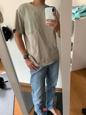 「NEW BALANCE（ニューバランス）のアイテム（Tシャツ/カットソー、ベージュ系）」を使った、masakiさん（メンズ・171cm）の夏コーディネート