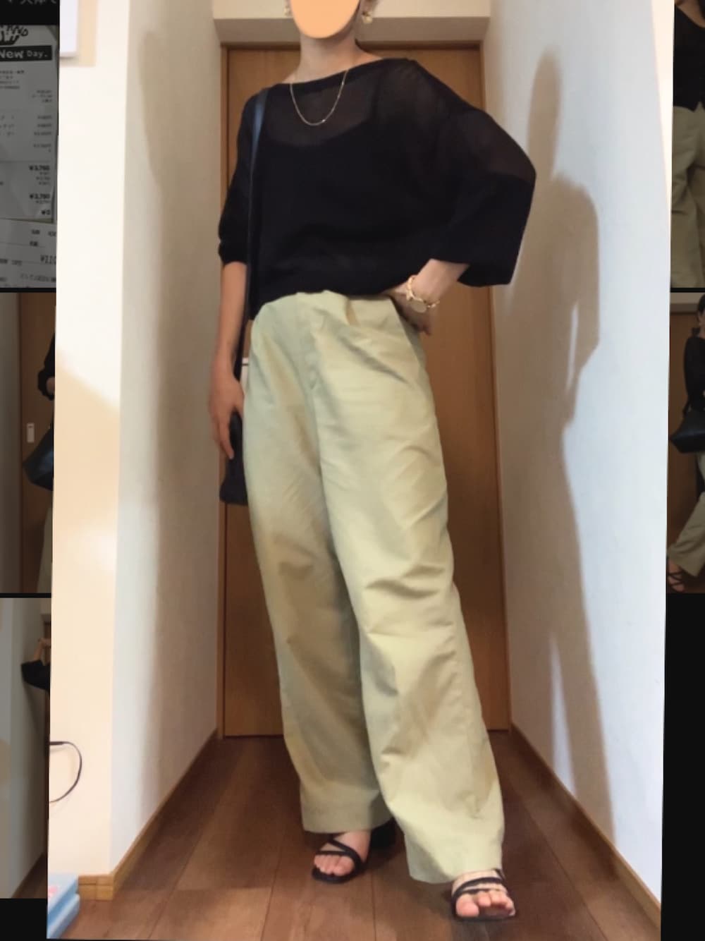 「シースルー、ワイドパンツ、リネンパンツ、タンクトップ、きれいめカジュアル、シアーカーディガン」｜「tu-hacciの【累計85万枚突破!】ノンワイヤーでもナチュ盛り！ブラが要らないBRAIRAZU-ブライラズ-リブキャミソール 浅V型（キャミソール、ブラック系）」を使った、和桜さん（骨格ナチュラル・レディース・162cm）の夏コーディネートの1枚目の写真