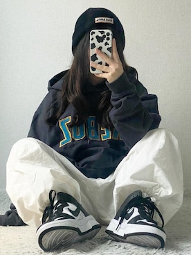 「アイテム（カーゴパンツ）」を使った、ヒカルさん（レディース・154cm）の冬コーディネート