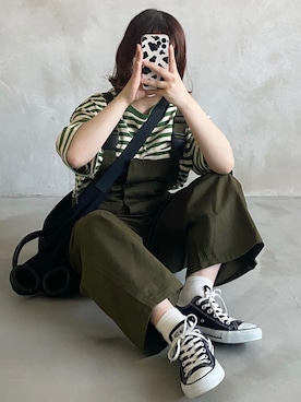 「緑」｜「アイテム（オールインワン・サロペット）」を使った、ヒカルさん（レディース・154cm）の春コーディネート
