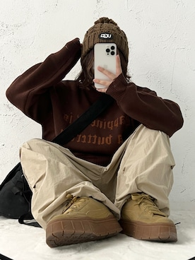 「アイテム（カーゴパンツ）」を使った、ヒカルさん（レディース・154cm）の冬コーディネート