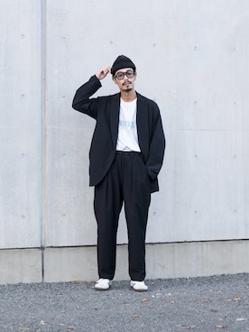 「RACAL（ラカル）のRacal/ラカル 【別注】RollKnitCAP-2（ニットキャップ/ビーニー、ブラック系）」を使った、minimal +αさん（メンズ・173cm）の秋コーディネート
