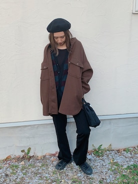 「ボーダーニット」｜「アイテム（カバーオール）」を使った、あみぃさん（レディース・161cm）の冬コーディネート