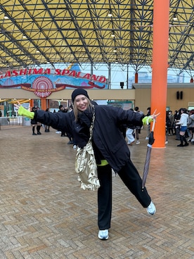 「wee9s（ウィークス）のbuddy beanie / オールシーズン使えるマルチウェイバディビーニー,ニット帽（ニットキャップ/ビーニー）」を使った、あみぃさん（レディース・161cm）の冬コーディネート