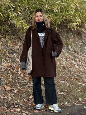 「アイテム（ステンカラーコート）」を使った、あみぃさん（レディース・161cm）の冬コーディネート