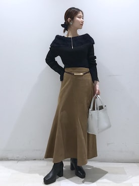 「VIS（ビス）のフェザーヤーンオフショルもちもちリブニット/イージーケア（ニット/セーター）」を使った、kahoさん（レディース・150cm）の秋コーディネート