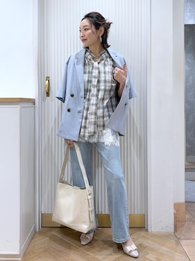 「Juze（ジュゼ）のハートカットリボンパンプス（パンプス、ベージュ系）」を使った、namieさん（レディース・157cm）の夏コーディネート
