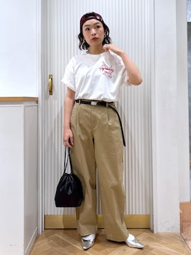 「VIS（ビス）のチェーンハンドル2WAY巾着バッグ（ハンドバッグ）」を使った、namieさん（レディース・157cm・40代）の夏コーディネート