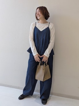 「nissen（ニッセン）のリブシアークルーネックトップス（Tシャツ/カットソー、ホワイト系）」を使った、yuyuさん（レディース・159cm）の春コーディネート