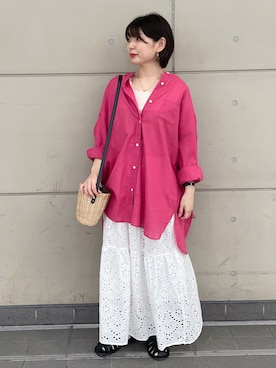 「Samansa Mos2（サマンサ モスモス）のビックシルエットバンドカラーシャツ（シャツ/ブラウス）」を使った、シノさん（レディース・152cm）の夏コーディネート