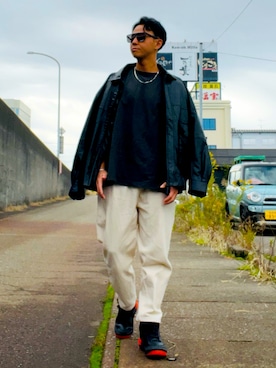 「アイテム（ライダースジャケット）」を使った、nobutanchinさん（メンズ・173cm）の秋コーディネート