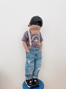 「アイテム（キャップ、ブラック系）」を使った、18:)さん（キッズ・90cm）の夏コーディネート