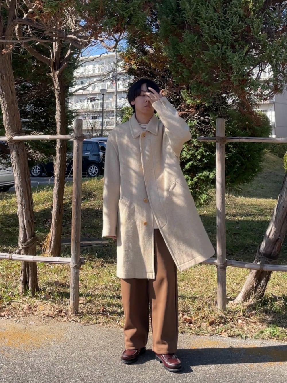 KENZOのステンカラーコートを使ったメンズ人気ファッション