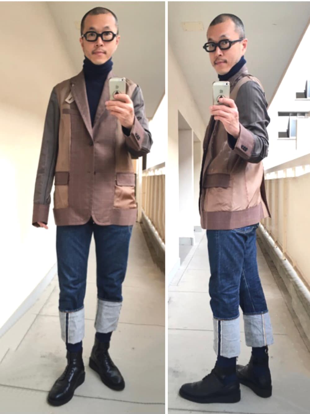 「sacai、RESOLUTE、シンプルコーデ、オトナカジュアル、ジャケット、デニムパンツ、ブーツ、タートルネック、大人カジュアル」｜「SacaiのSacai インサイドアウトジャケット Size 3（テーラードジャケット、ブラウン系）」を使った、MASASHI TAKEMOTOさん（メンズ・177cm）の冬コーディネートの1枚目の写真