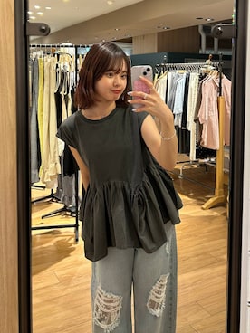 「LOWRYS FARM（ローリーズファーム）のドッキングペプラムノースリーブ　1032148（Tシャツ/カットソー、グレー系）」を使った、ncy03さん（レディース）の夏コーディネート