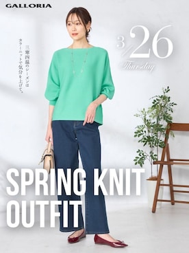 「GALLORIA（ギャローリア）の【ウエスト平ゴム内蔵】デニムワイドパンツ（デニムパンツ、ブルー系）」を使った、GALLORIAさん（レディース・165cm）の春コーディネート