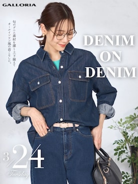 「GALLORIA（ギャローリア）の【ウエスト平ゴム内蔵】デニムワイドパンツ（デニムパンツ、ブルー系）」を使った、GALLORIAさん（レディース・165cm）の春コーディネート